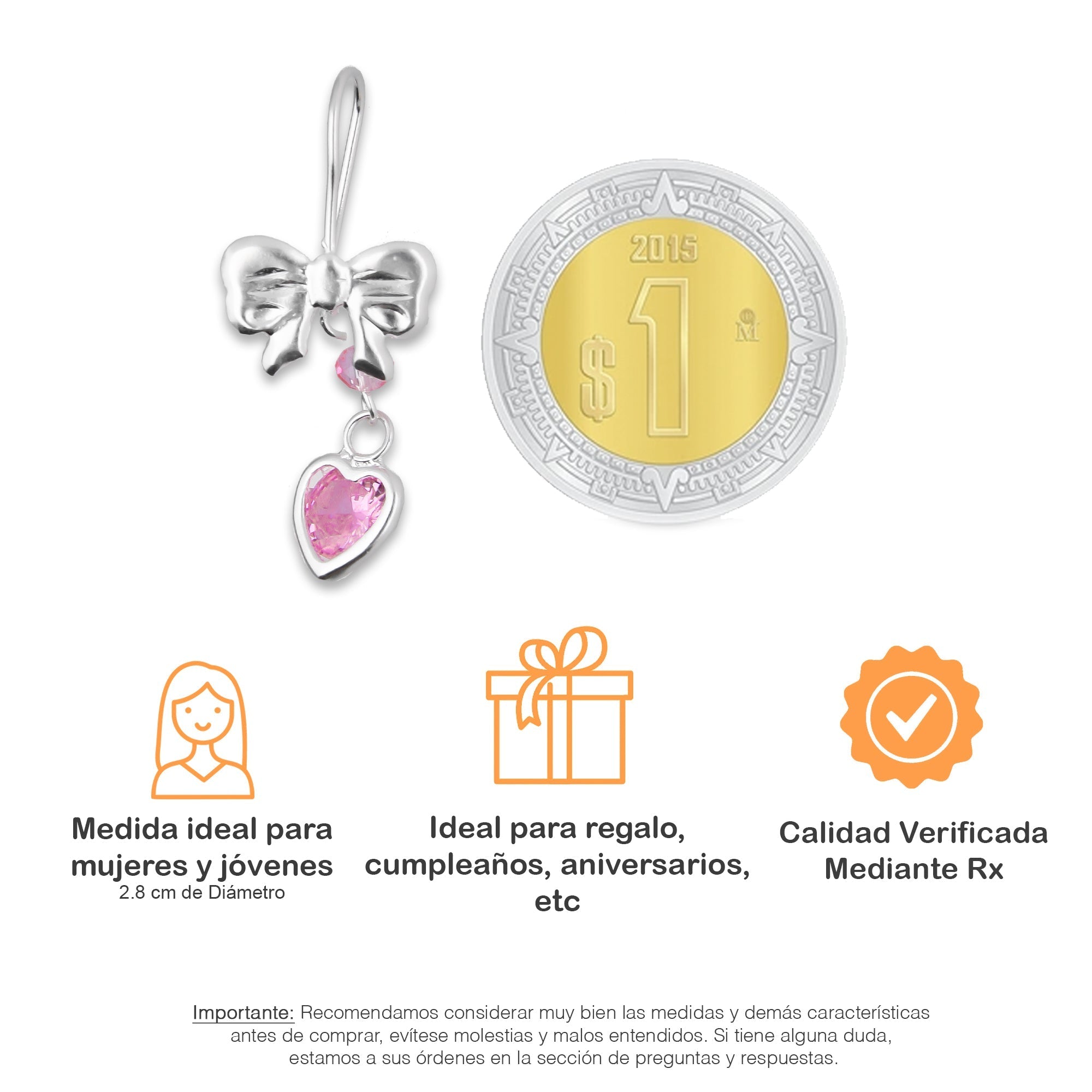 LPAA021 Aretes De Arillo Dama Moño Corazón con Zirconia Rosa en Plata .925 MLM2855914657