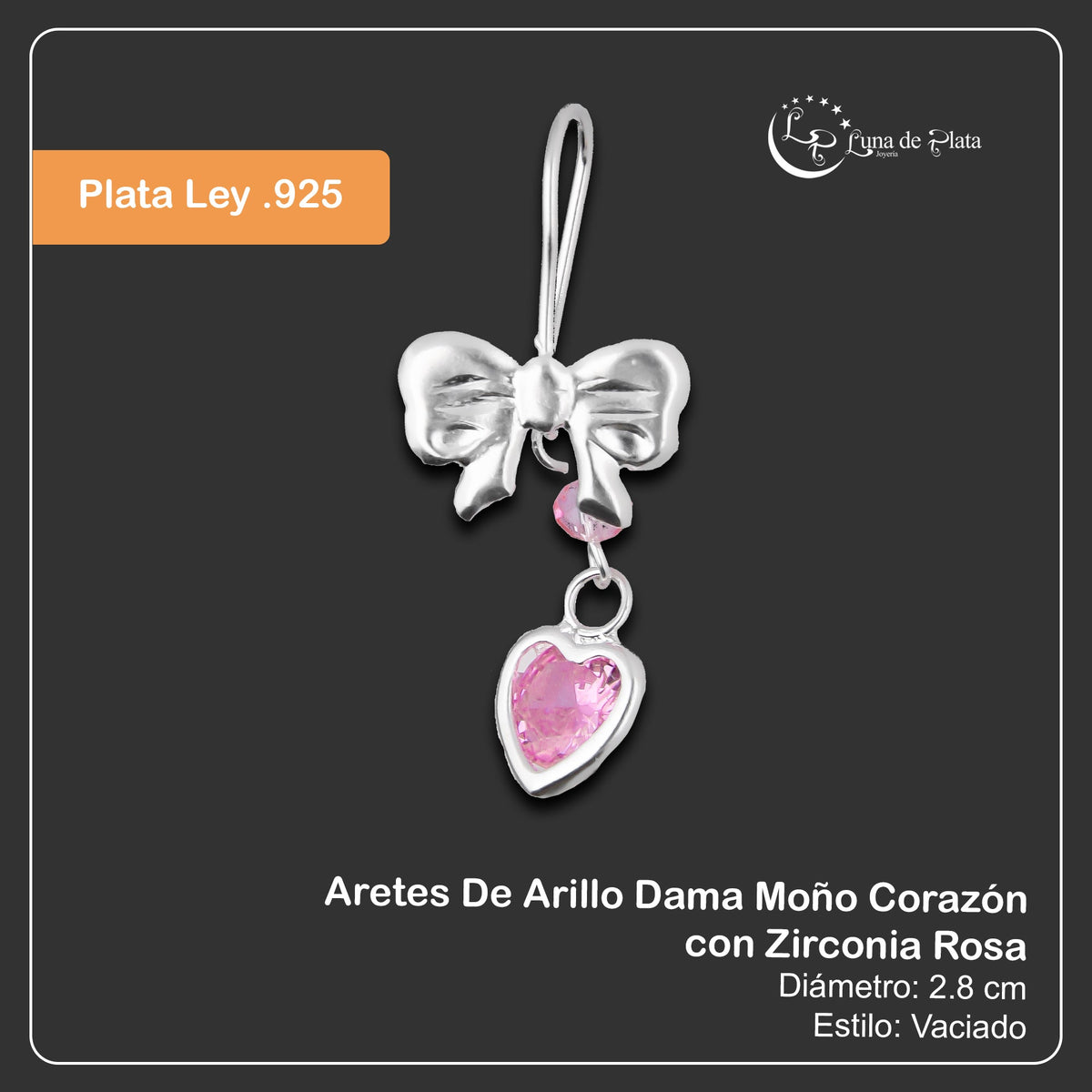 LPAA021 Aretes De Arillo Dama Moño Corazón con Zirconia Rosa en Plata .925 MLM2855914657