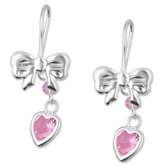 LPAA021 Aretes De Arillo Dama Moño Corazón con Zirconia Rosa en Plata .925 MLM2855914657