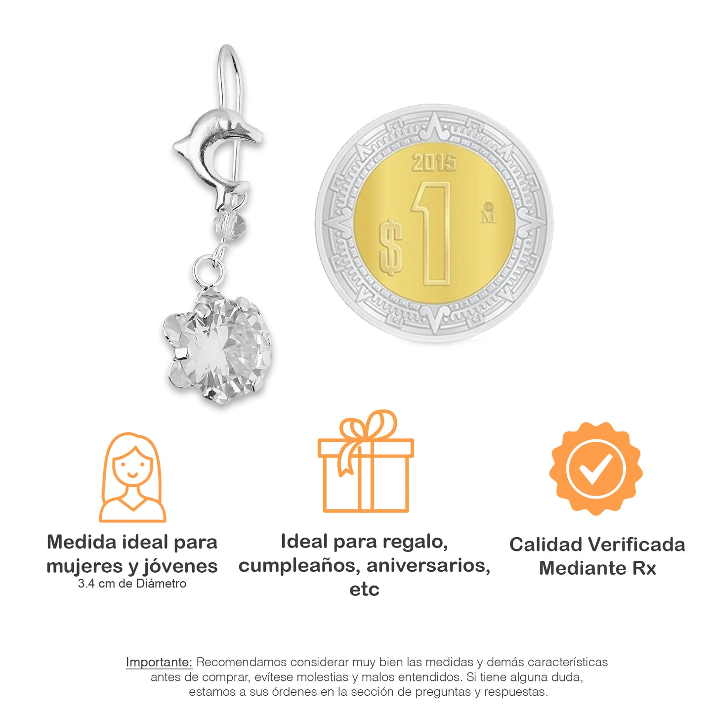 LPAA022 Aretes De Arillo Dama Delfin con Zirconia Redonda de 10 mm Blanca en Plata .925 MLM2855914531