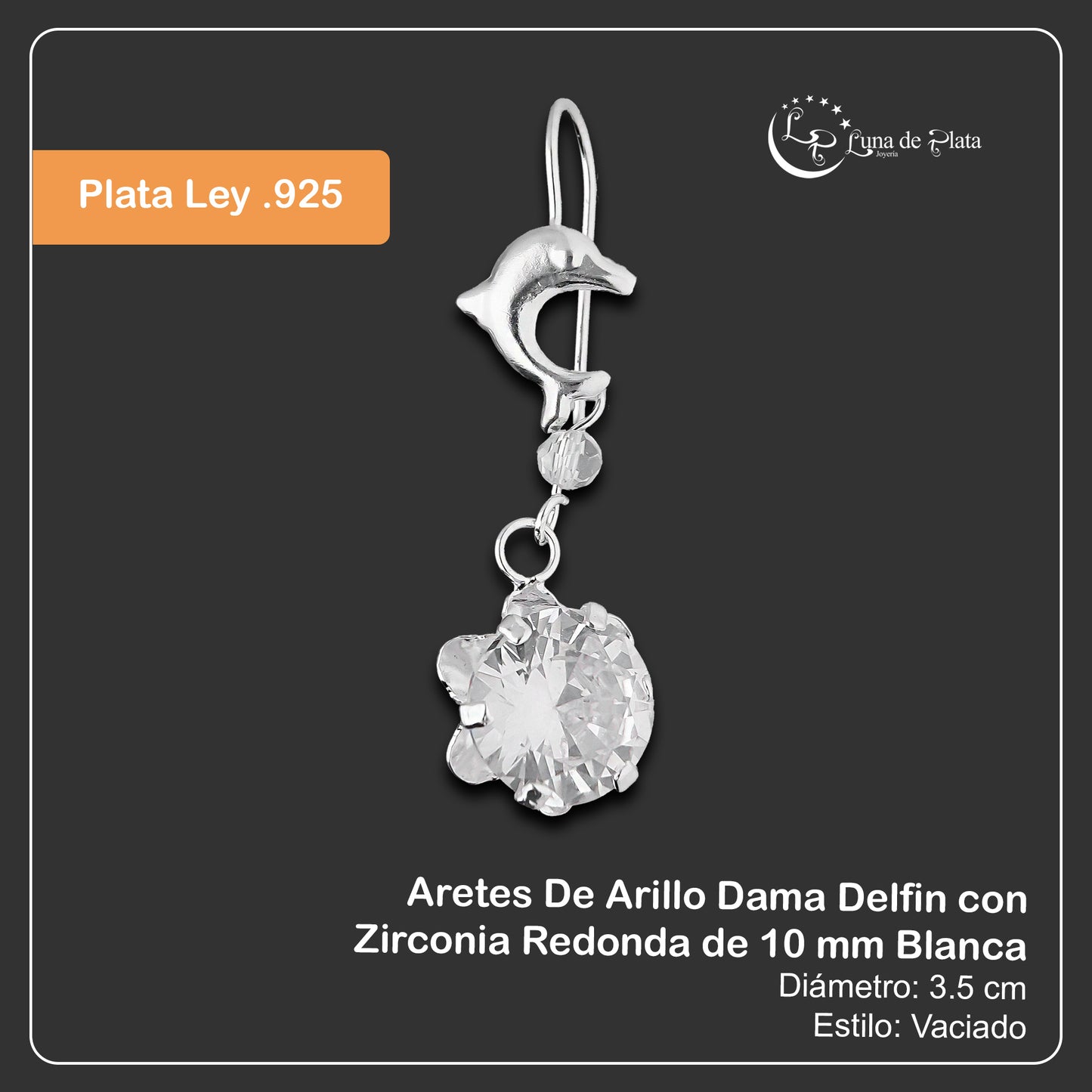 LPAA022 Aretes De Arillo Dama Delfin con Zirconia Redonda de 10 mm Blanca en Plata .925 MLM2855914531