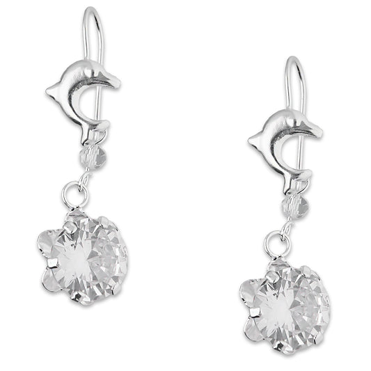 LPAA022 Aretes De Arillo Dama Delfin con Zirconia Redonda de 10 mm Blanca en Plata .925 MLM2855914531