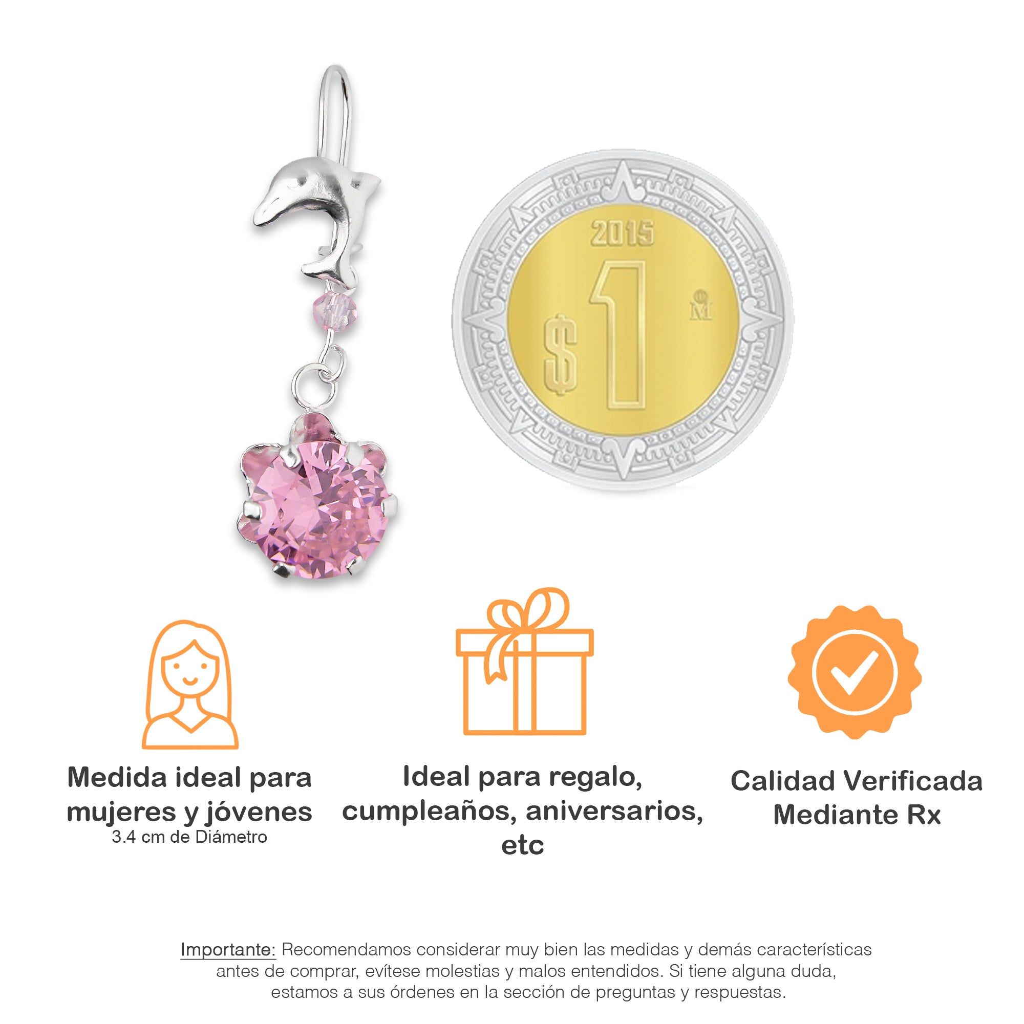 LPAA023 Aretes De Arillo Dama Delfin con Zirconia Redonda de 10 mm Rosa en Plata .925 MLM2855914505