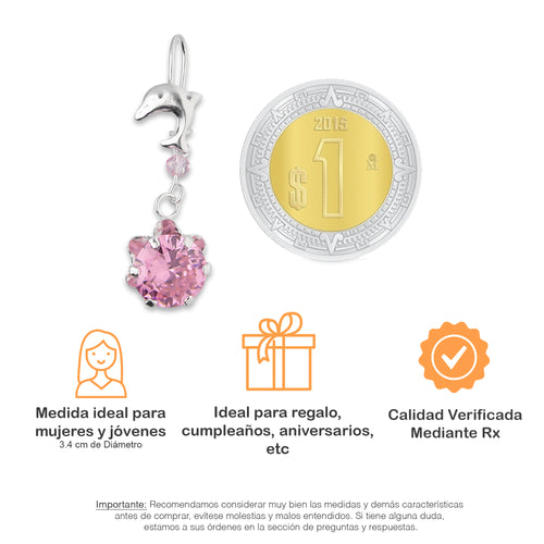 LPAA023 Aretes De Arillo Dama Delfin con Zirconia Redonda de 10 mm Rosa en Plata .925 MLM2855914505