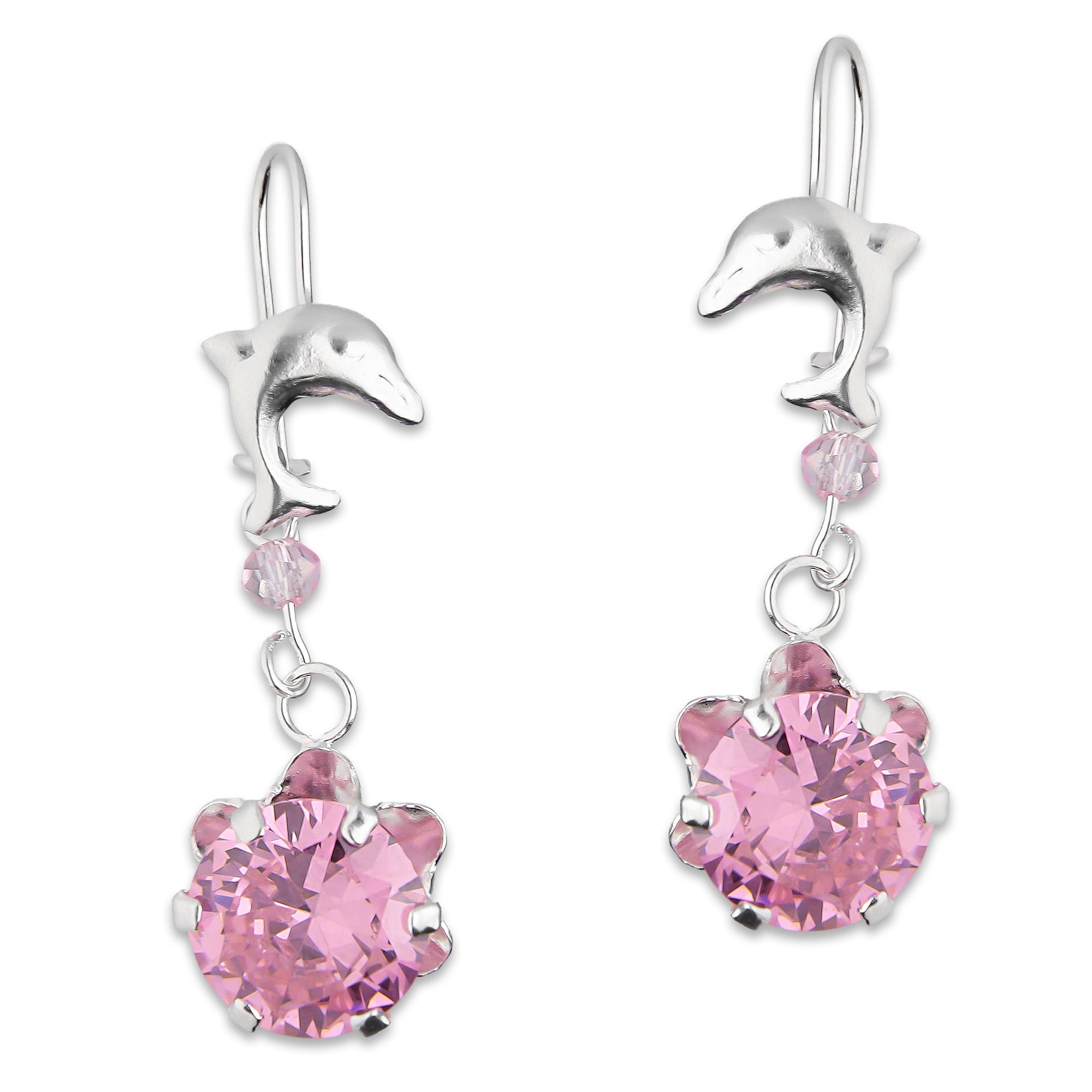 LPAA023 Aretes De Arillo Dama Delfin con Zirconia Redonda de 10 mm Rosa en Plata .925 MLM2855914505