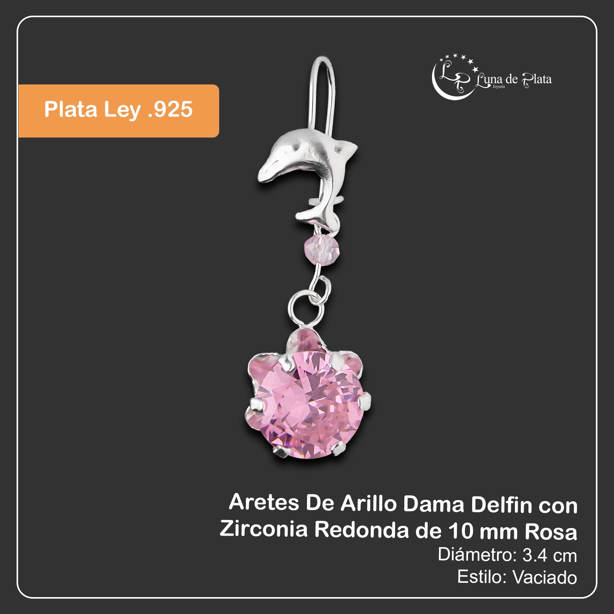 LPAA023 Aretes De Arillo Dama Delfin con Zirconia Redonda de 10 mm Rosa en Plata .925 MLM2855914505