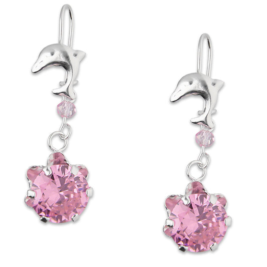 LPAA023 Aretes De Arillo Dama Delfin con Zirconia Redonda de 10 mm Rosa en Plata .925 MLM2855914505