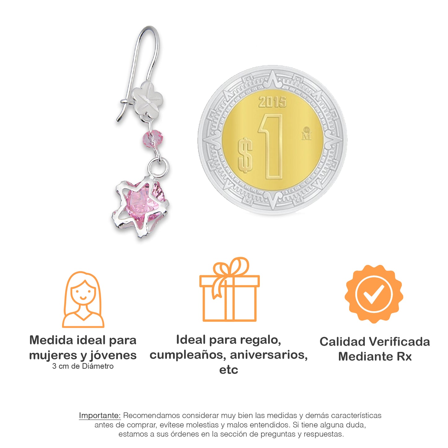 LPAA025 Aretes De Arillo Dama Estrella Colgante con Zirconia Rosa en Plata .925 MLM5165619254