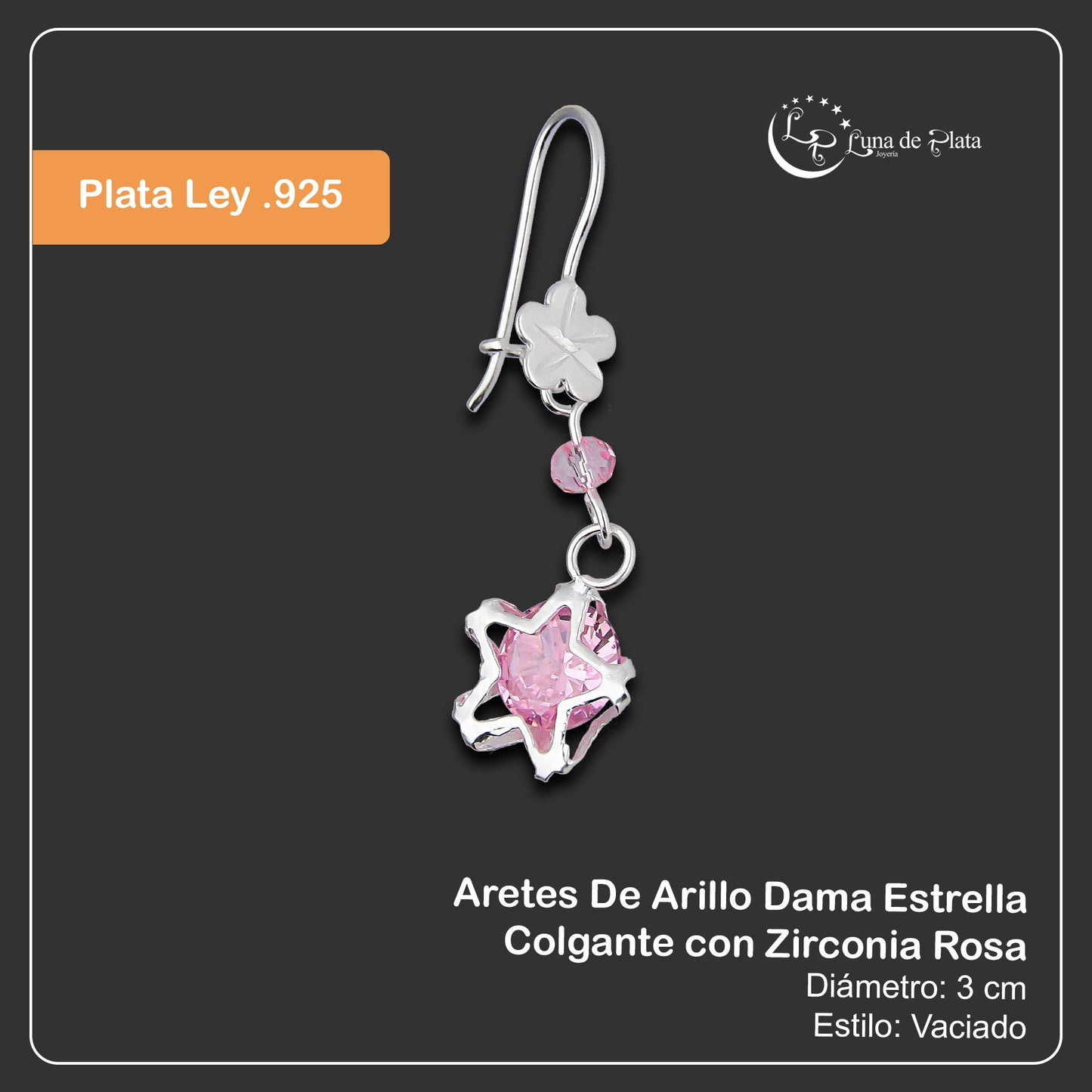 LPAA025 Aretes De Arillo Dama Estrella Colgante con Zirconia Rosa en Plata .925 MLM5165619254