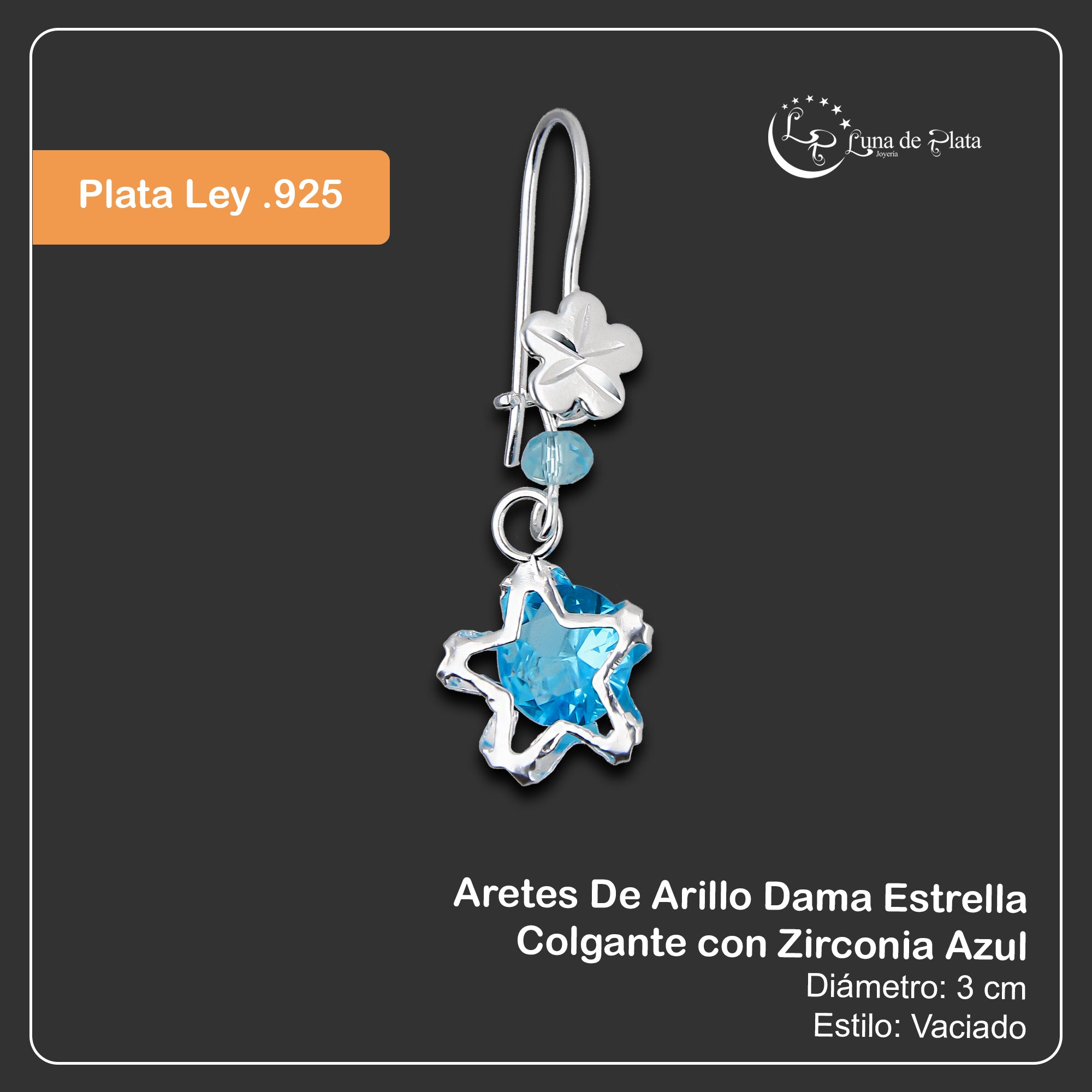 LPAA026 Aretes De Arillo Dama Estrella Colgante con Zirconia Azul en Plata .925 MLM5165649962