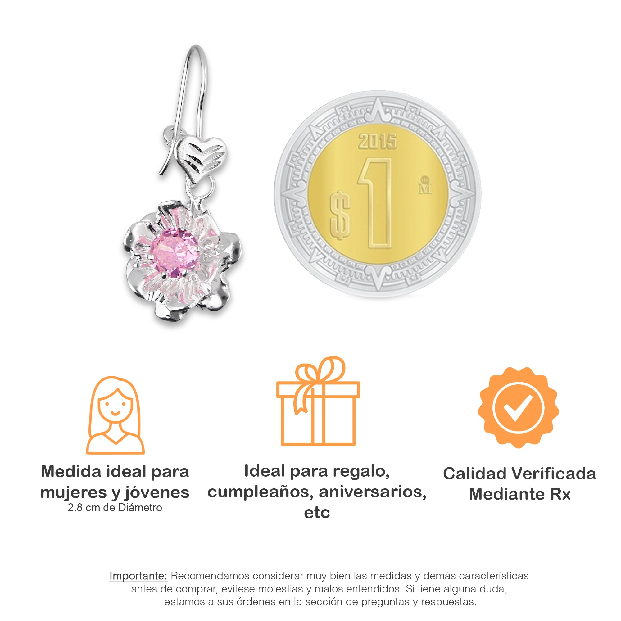 LPAA028 Aretes De Arillo Dama Clavel Colgante con Zirconia Rosa en Plata .925 MLM2855914517