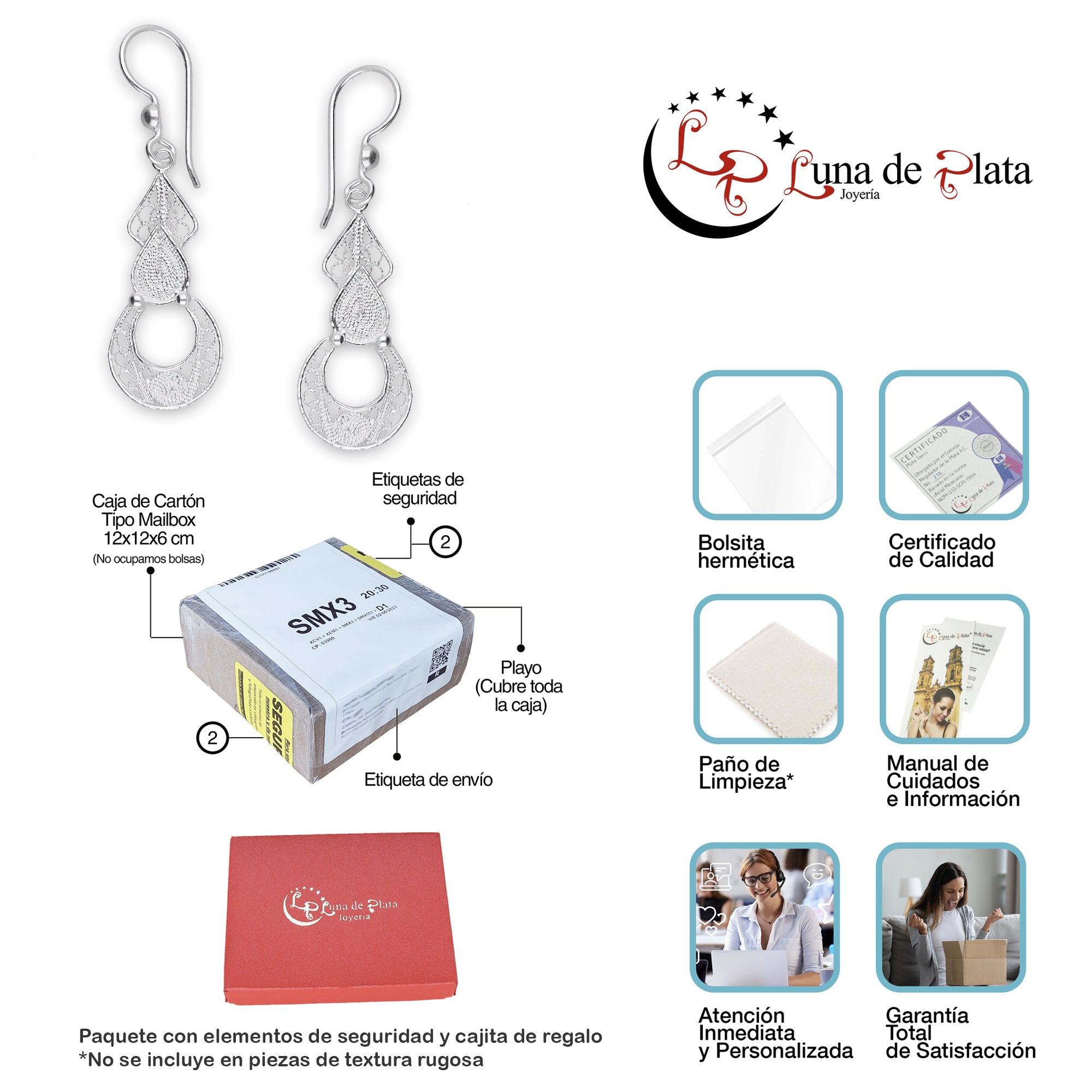 LPAA032 Aretes De Arillo Dama Filigrana Mod Media Luna Colgante en Plata .925 2976262823