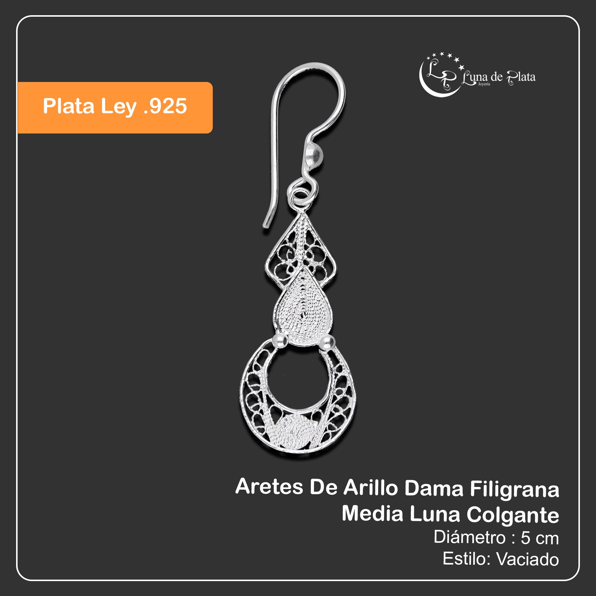 LPAA032 Aretes De Arillo Dama Filigrana Mod Media Luna Colgante en Plata .925 2976262823
