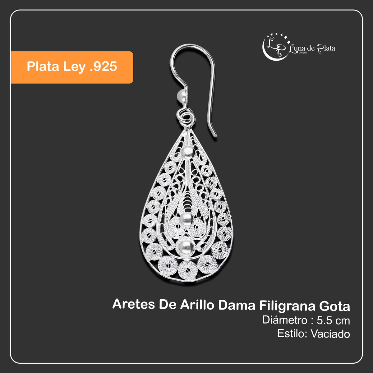 LPAA034 Aretes De Arillo Dama Filigrana Mod Gota en Plata .925 5444635130