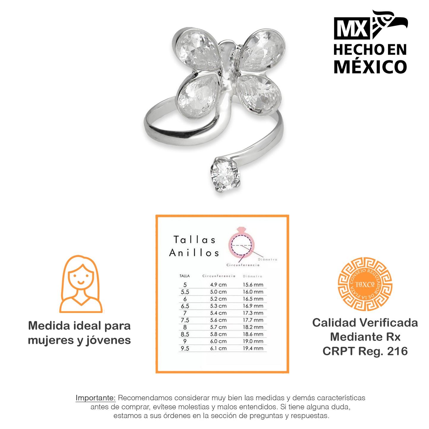 LPAD018 Anillo Para Dama Mod. Mariposa Tai Ajustable Plata.925 Taxco 913898158