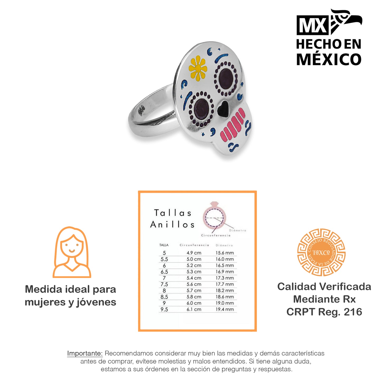 LPAD041 Anillo Calavera Esmalte Ajustable Plata .925 Taxco Gro 1352099498