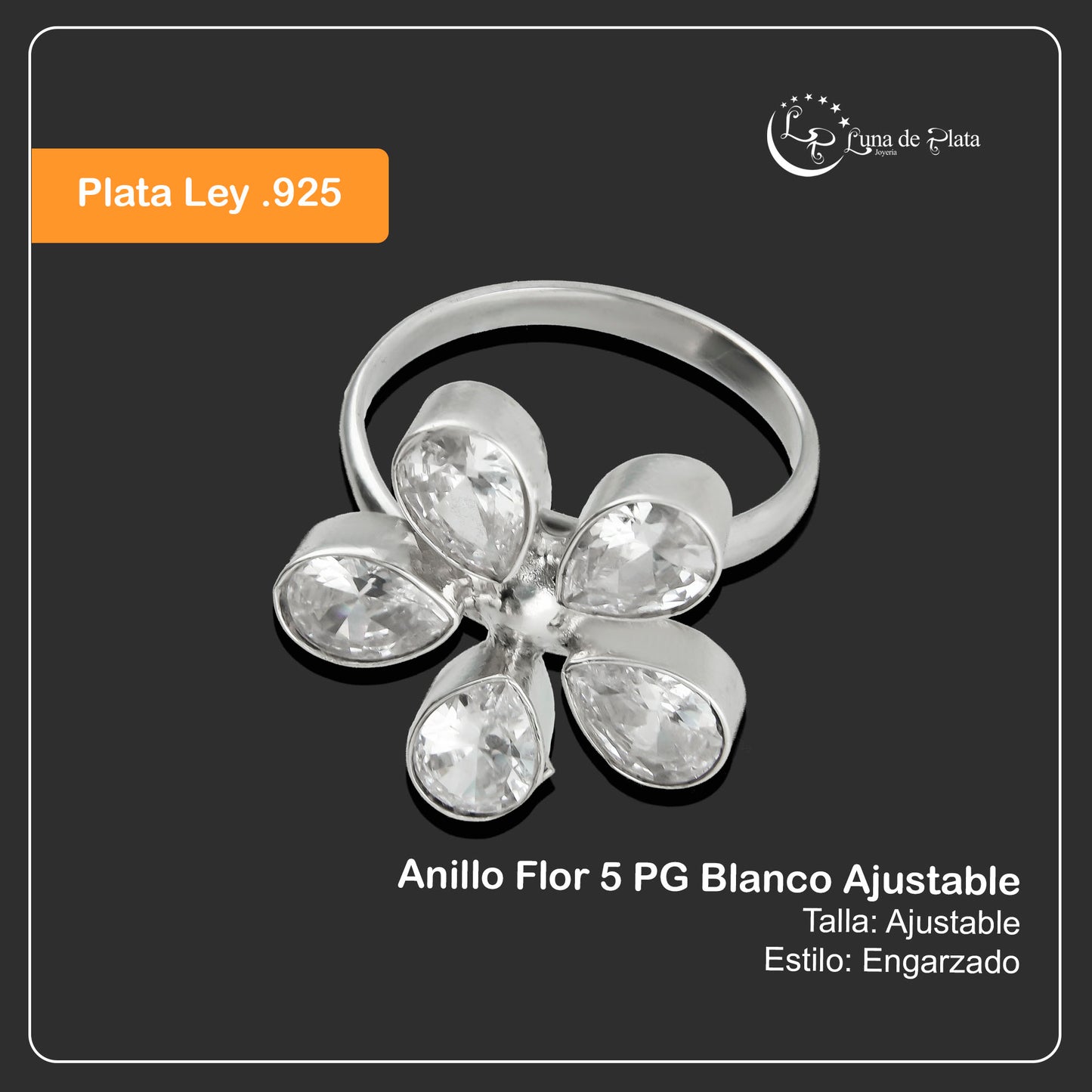 LPAD051 Anillo Flor 5 PG Bco Ajustable Plata .925 Taxco Gro 1480355498