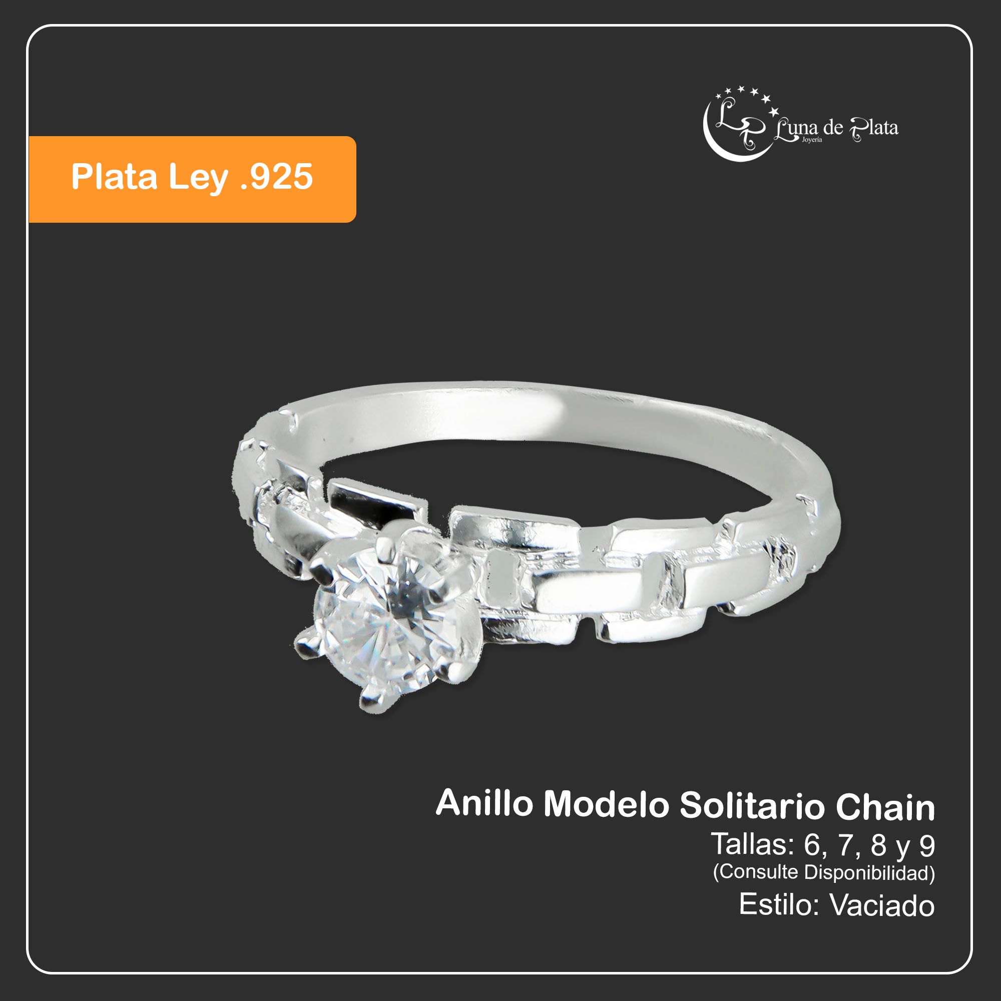 LPAD053 Anillo Modelo Solitario Chain Plata .925 Taxco Gro 2680661248