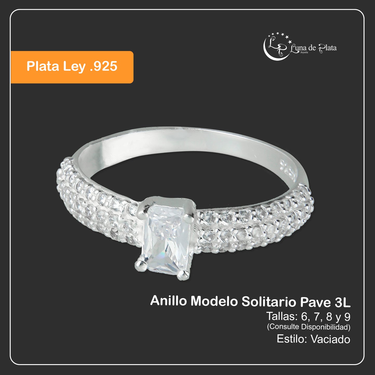 LPAD054 Anillo Modelo Solitario Pave 3L Plata .925 Taxco Gro 2683450190