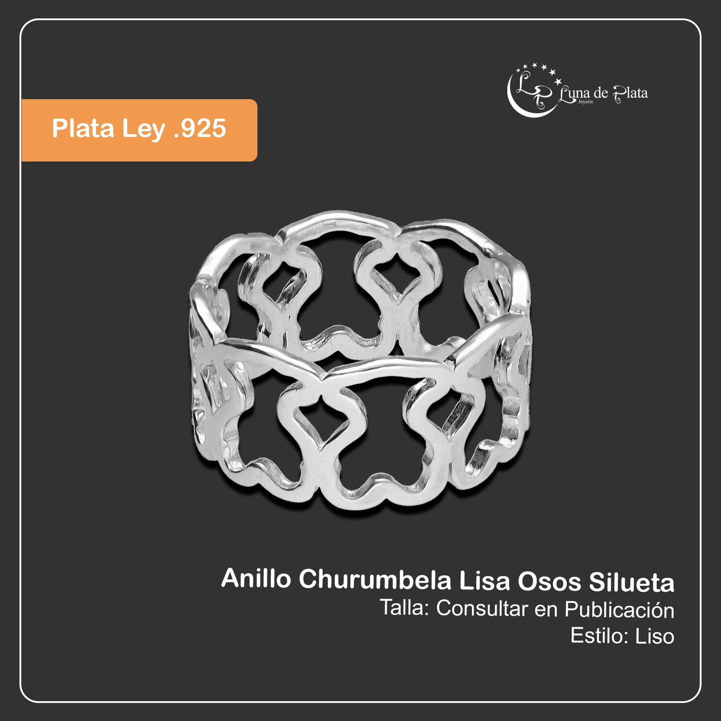 LPAD084 Anillo Churumbela Lisa Osos Silueta Plata .925 Taxco Gro