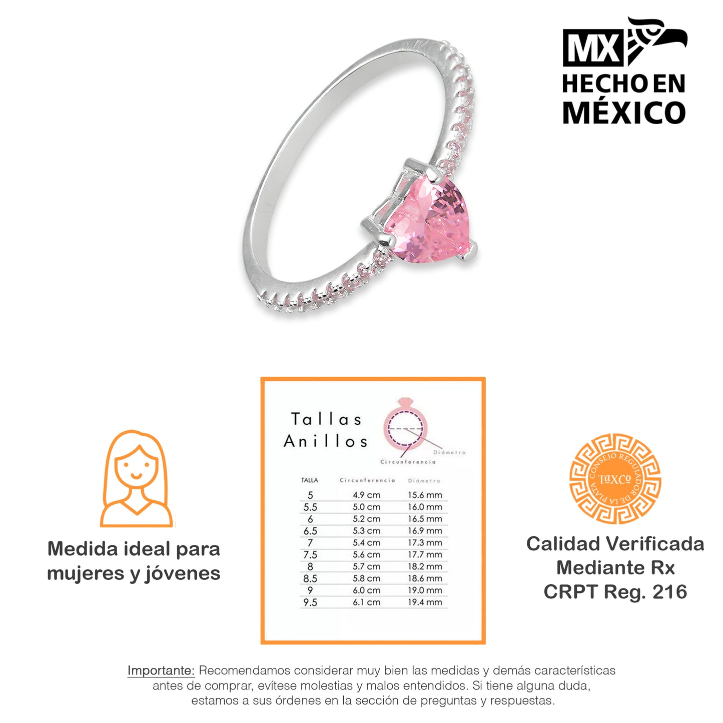 LPAD088 Anillo Modelo Solitario Corazón Rosa Plata .925 Taxco Gro 2115633121