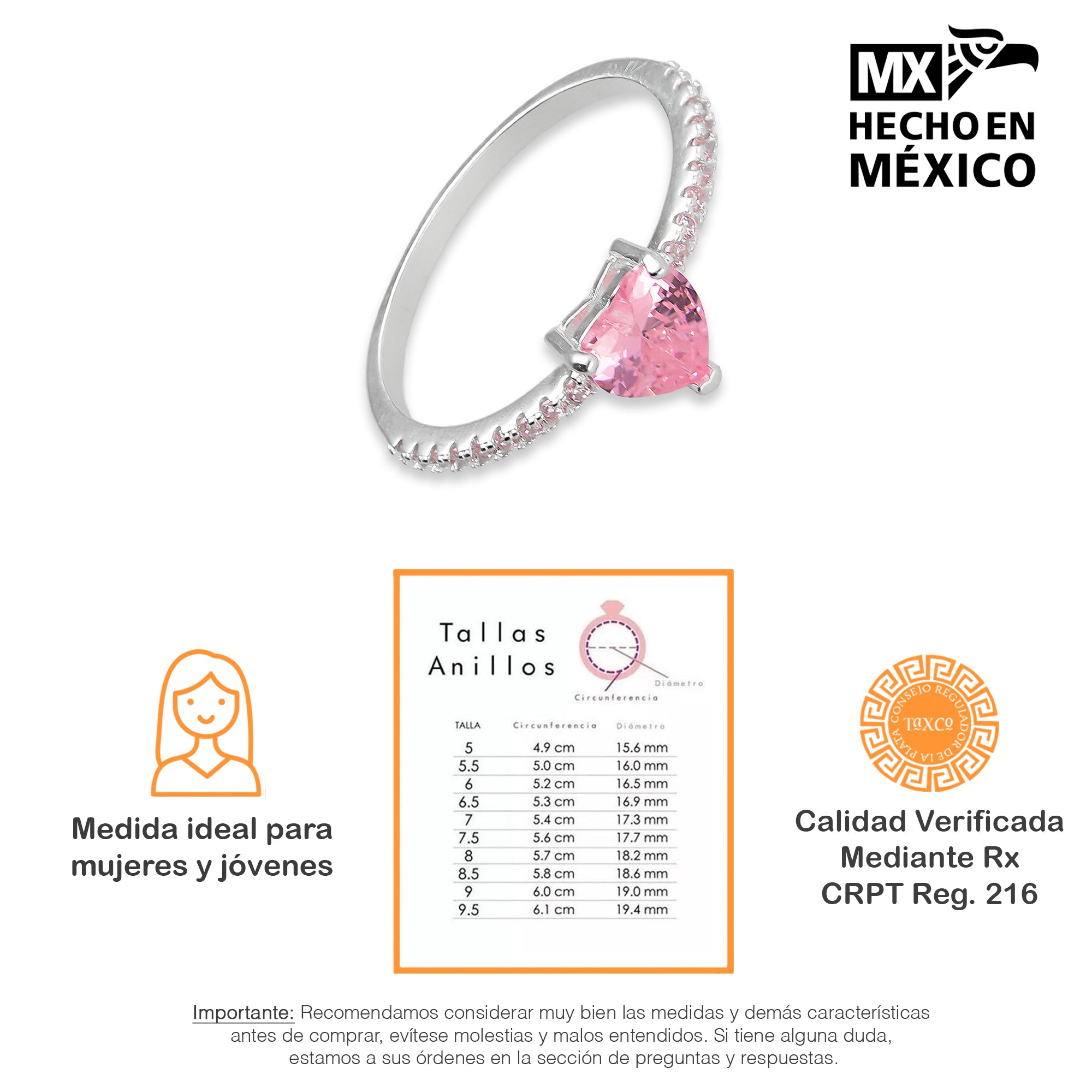 LPAD088 Anillo Modelo Solitario Corazón Rosa Plata .925 Taxco Gro 2115633121