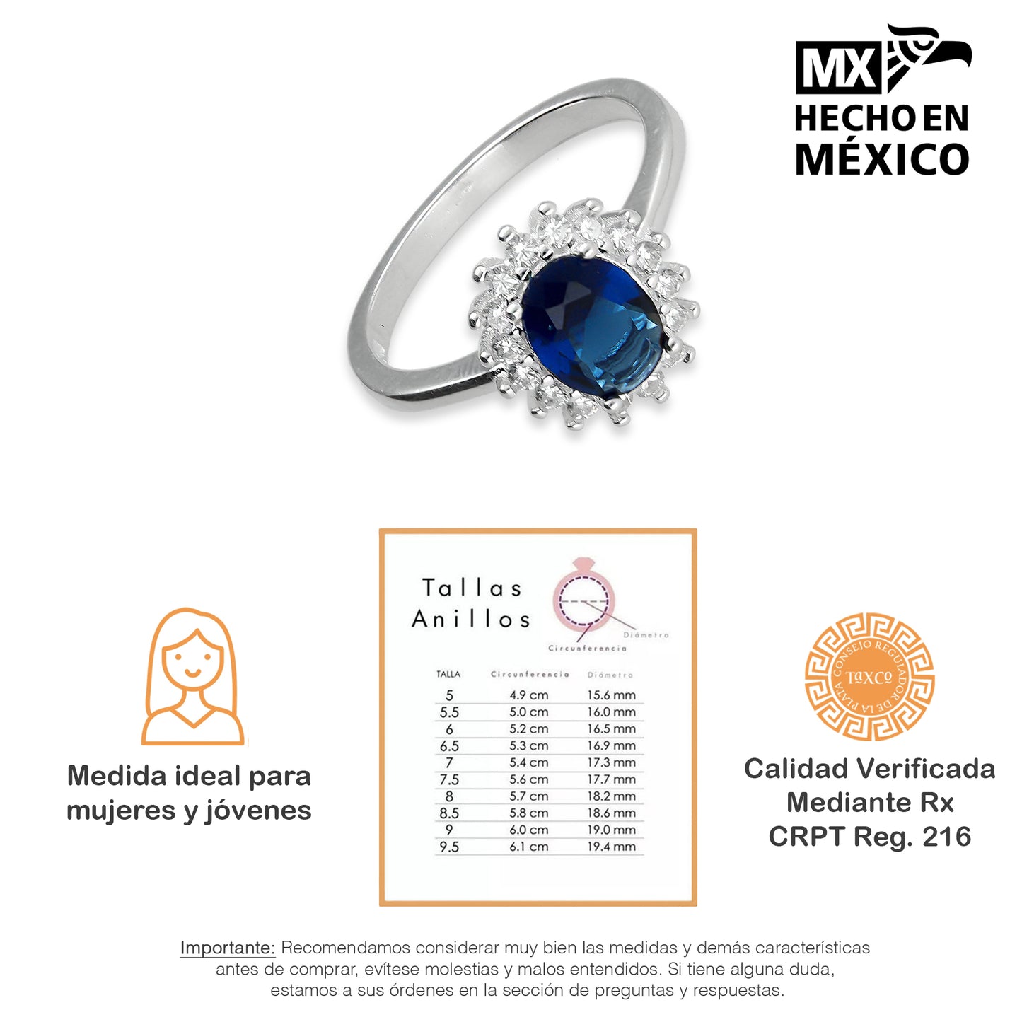 LPAD094 Anillo Solitario Zafiro Azul Marino Plata .925 Taxco Gro 3300143132