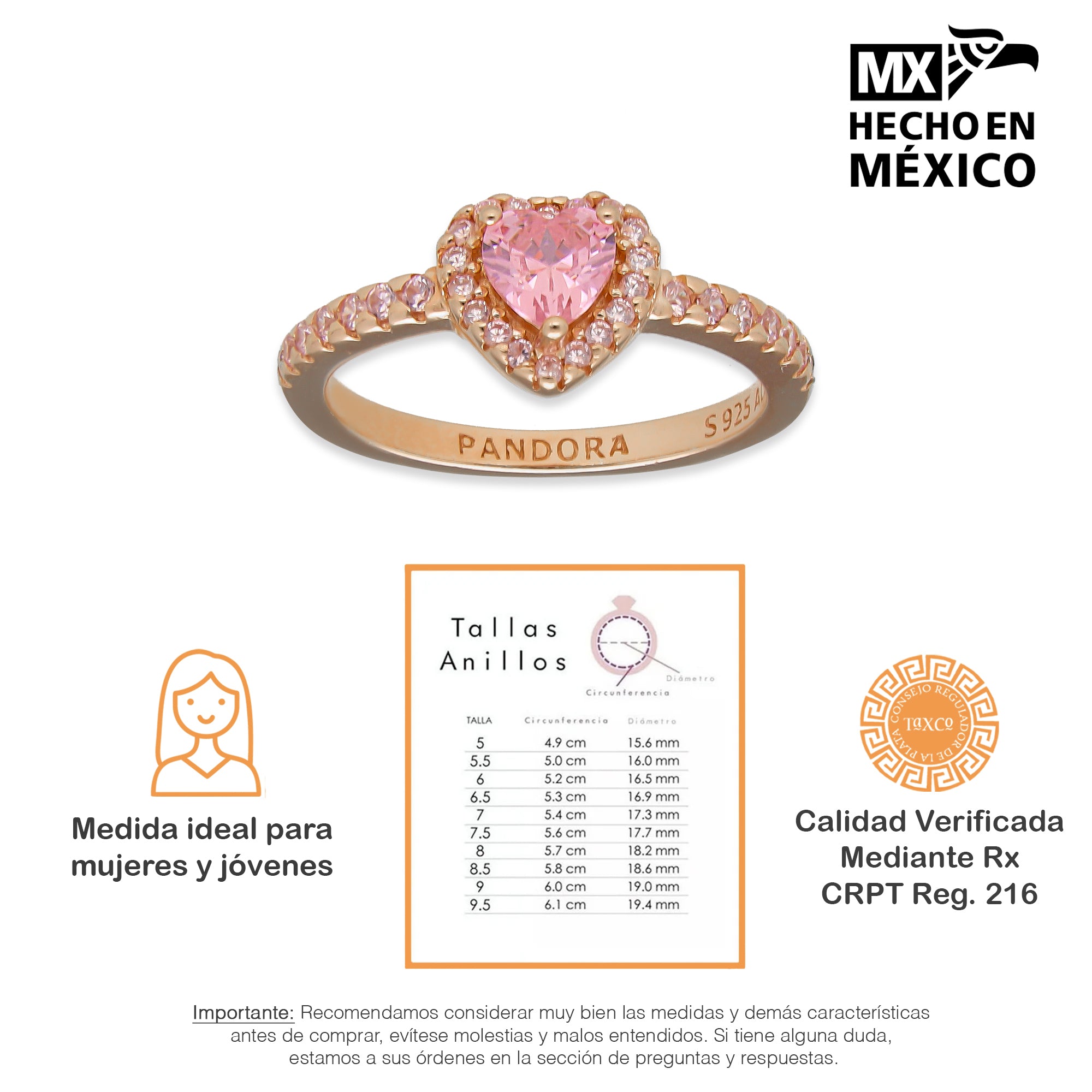 LPAD096 Anillo Pand Rosa Solitario Corazón Pavé Plata .925 Taxco Gro