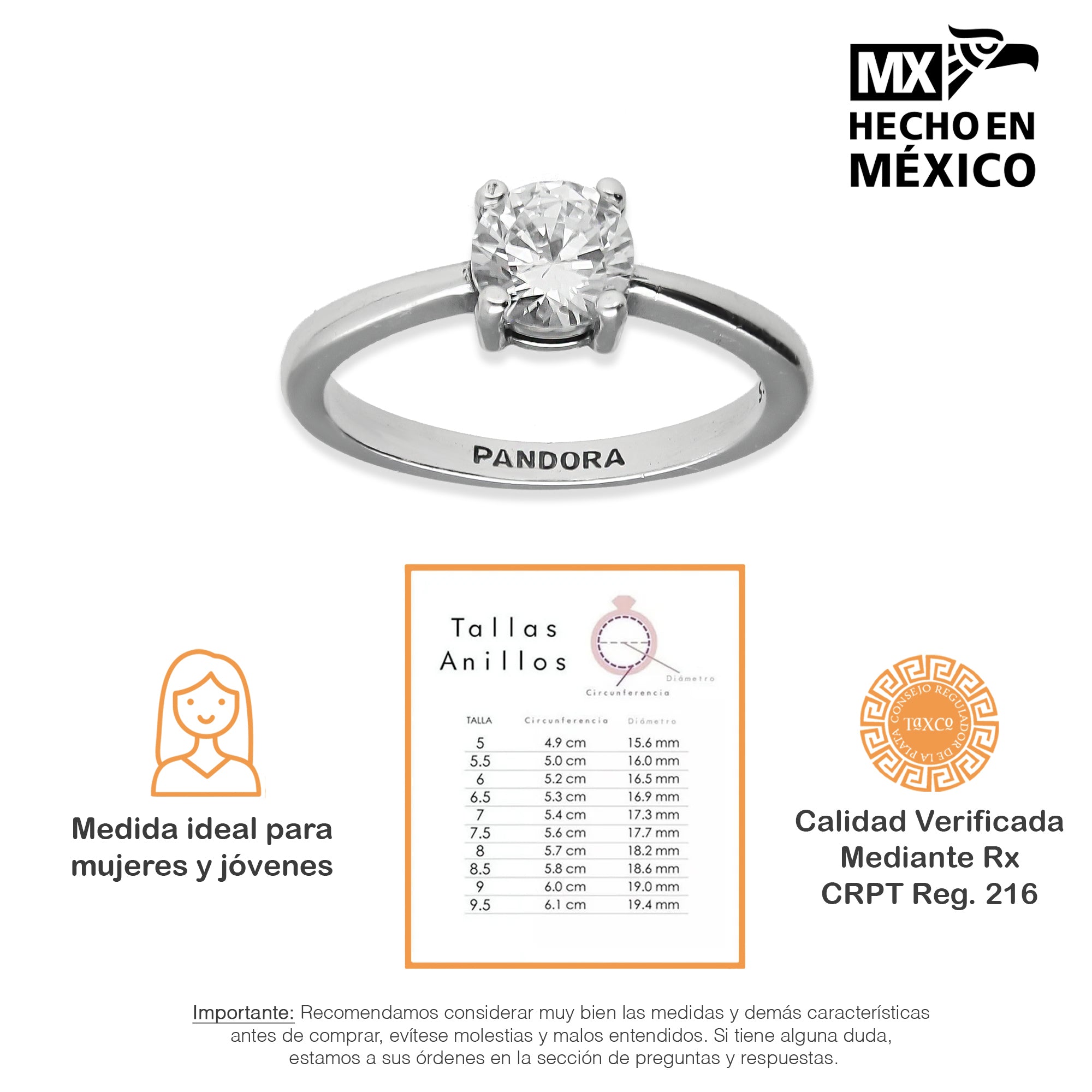 LPAD101	Anillo Pand Solitario 4U Blanco Plata .925 Taxco Gro