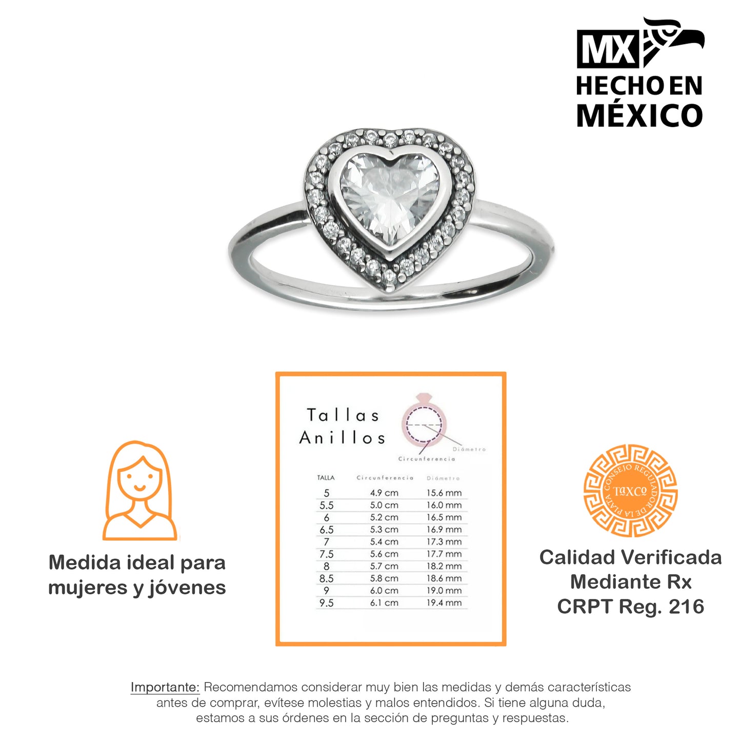 LPAD103 Anillo Pand Solitario Corazón Bisel Pavé Blanco Plata .925 Taxco Gro