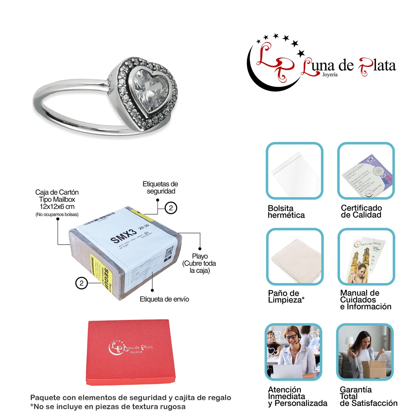 LPAD103 Anillo Pand Solitario Corazón Bisel Pavé Blanco Plata .925 Taxco Gro