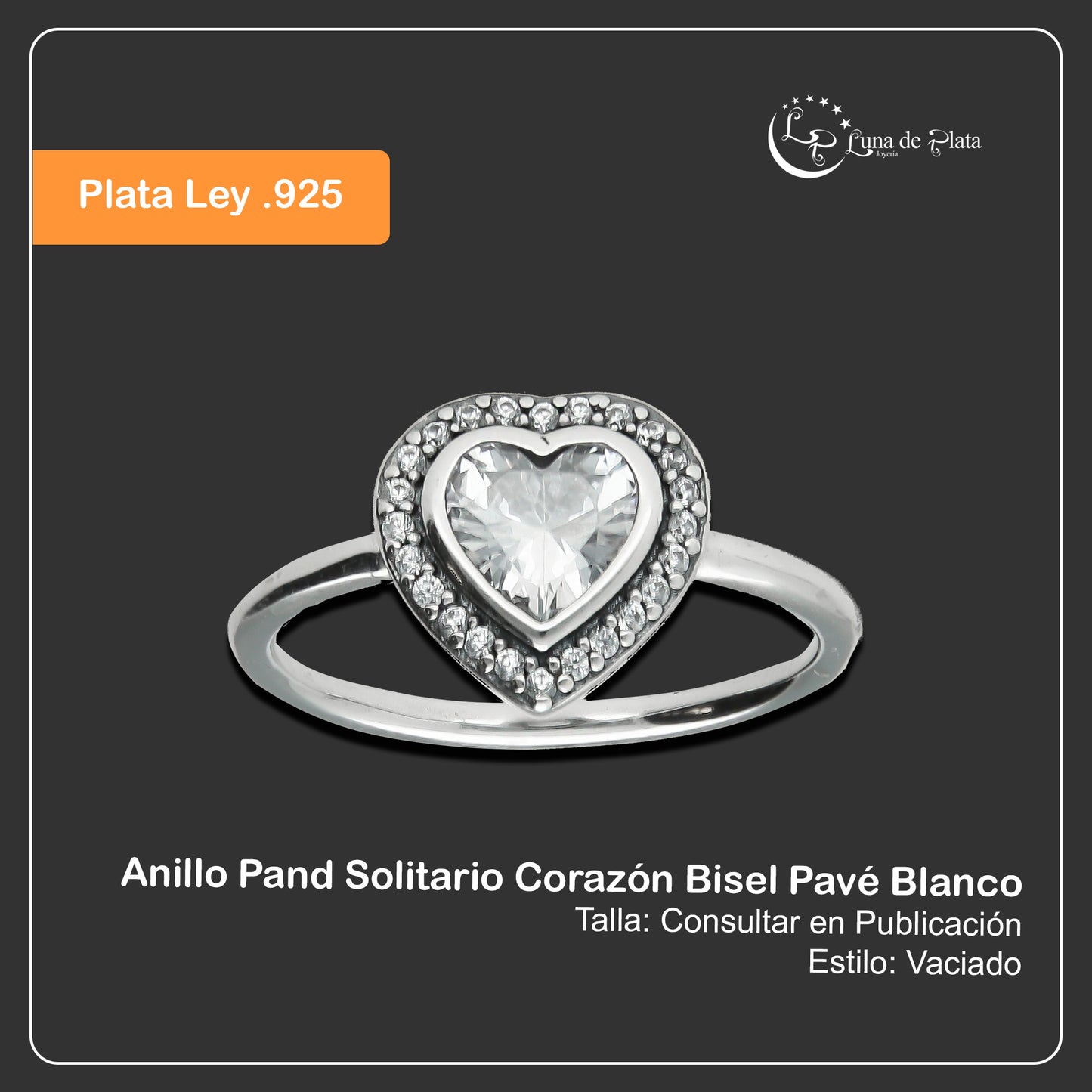 LPAD103 Anillo Pand Solitario Corazón Bisel Pavé Blanco Plata .925 Taxco Gro