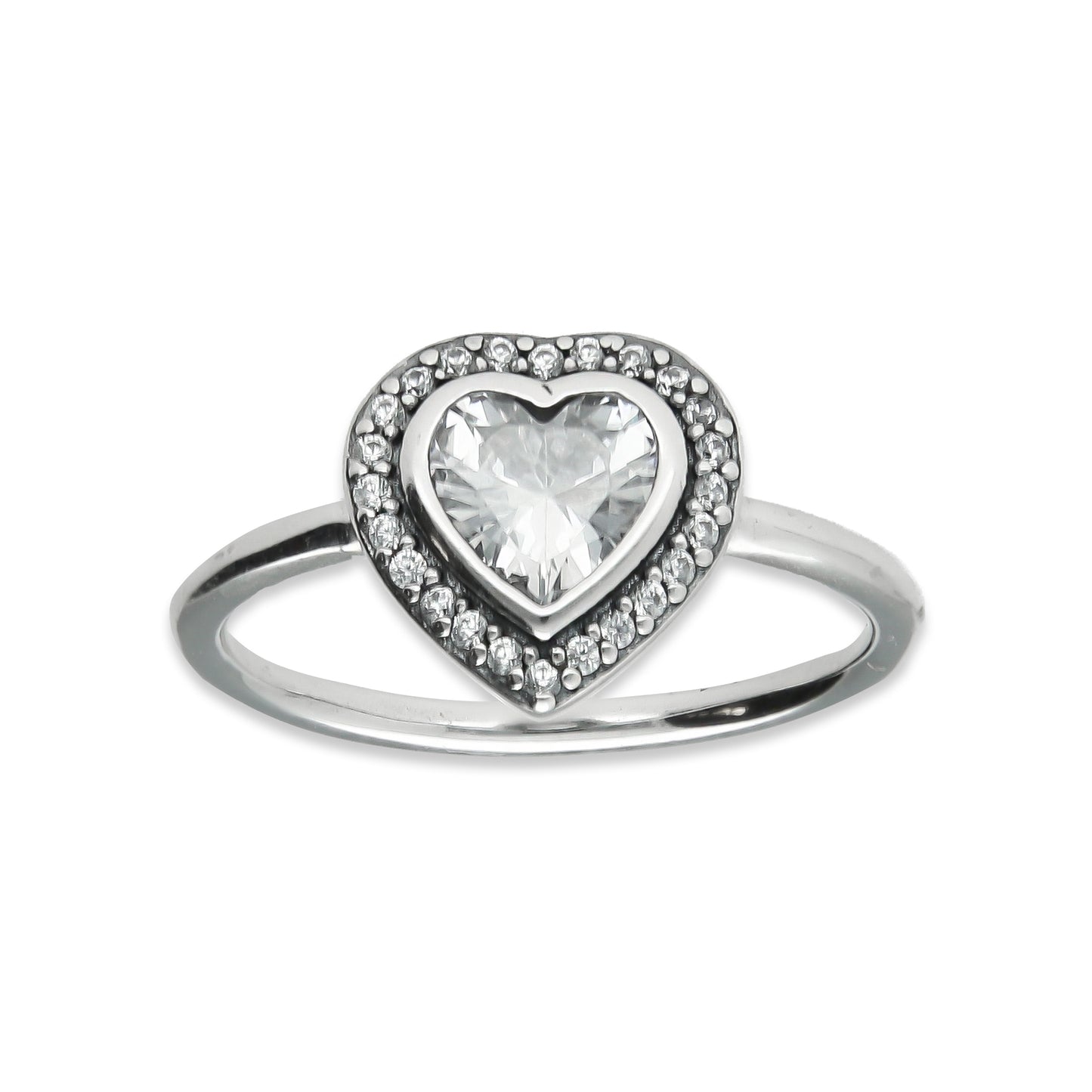 LPAD103 Anillo Pand Solitario Corazón Bisel Pavé Blanco Plata .925 Taxco Gro