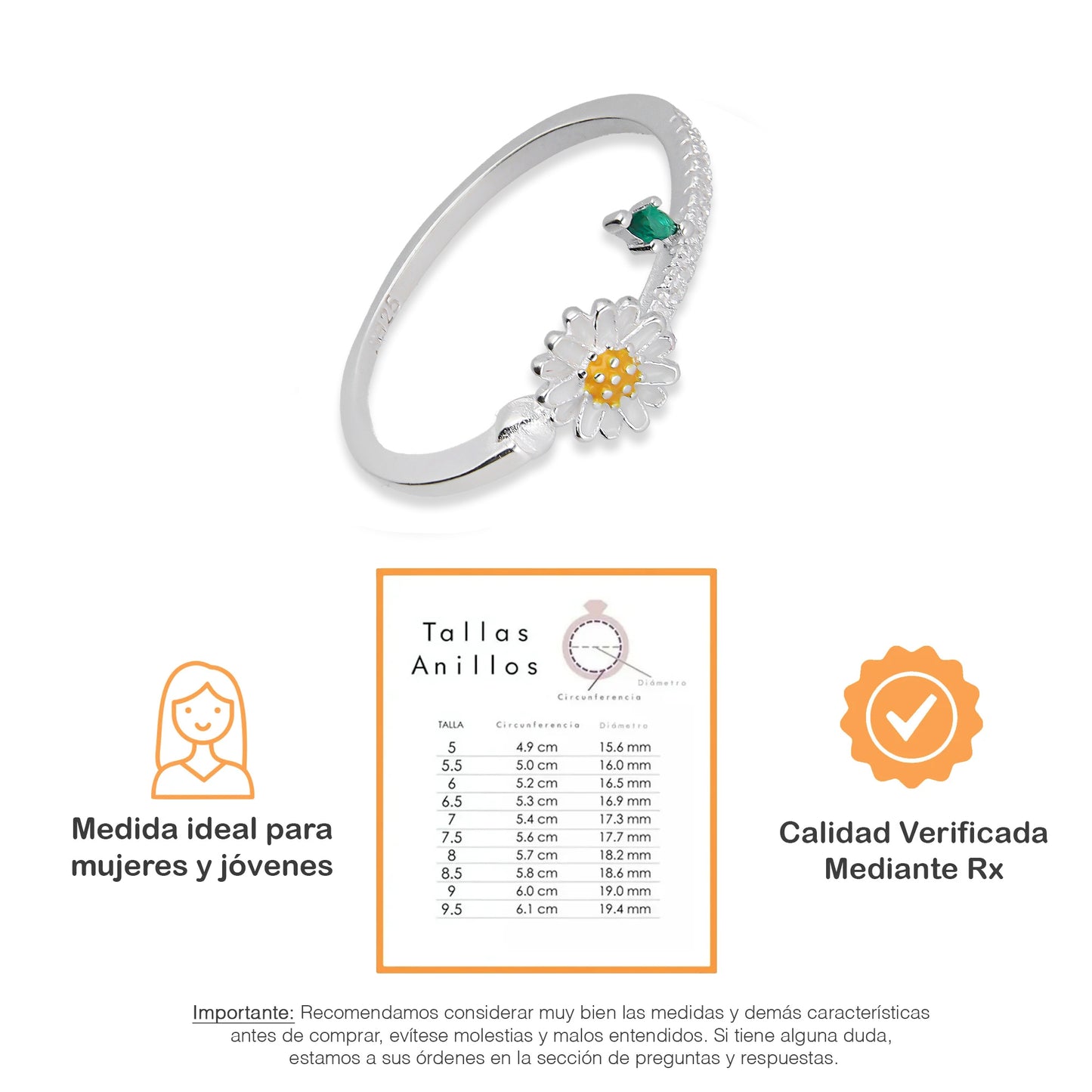 LPAD107 Anillo Flor Margarita Esmaltado Plata .925 Taxco Gro 2628932227