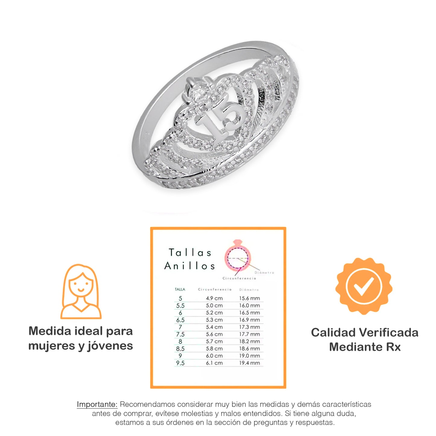 LPAD111 Anillo para Dama Mod Corona XV Años Corazón con Zirconia en Plata .925 Taxco Gro