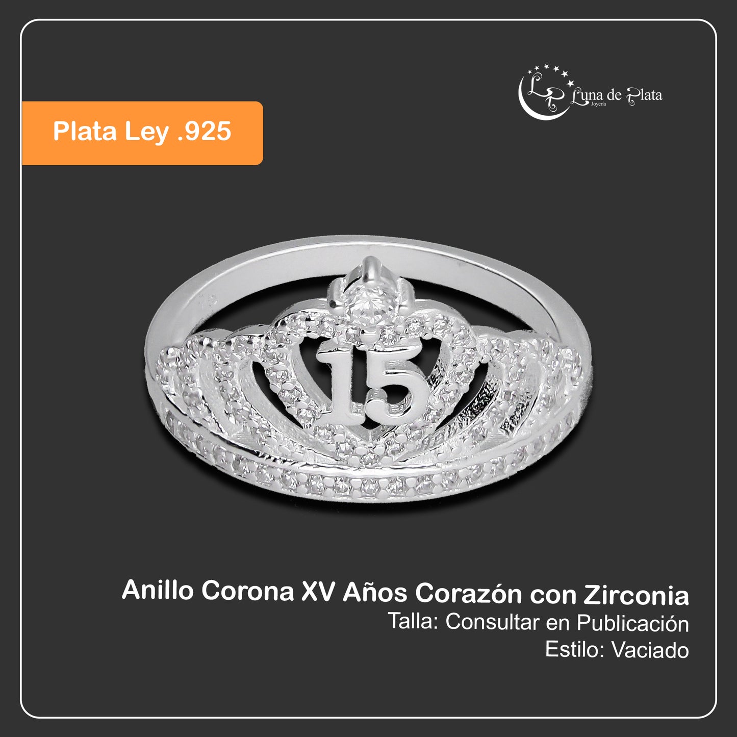LPAD111 Anillo para Dama Mod Corona XV Años Corazón con Zirconia en Plata .925 Taxco Gro