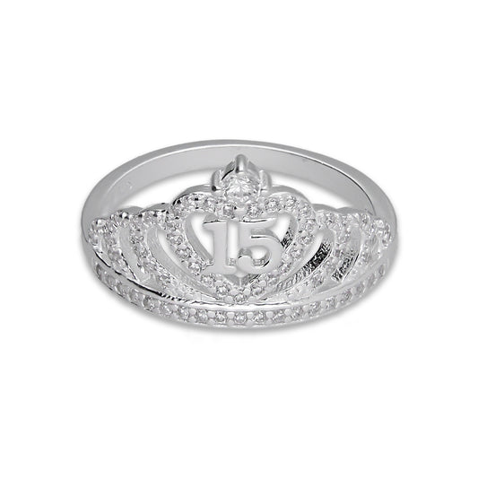 LPAD111 Anillo para Dama Mod Corona XV Años Corazón con Zirconia en Plata .925 Taxco Gro