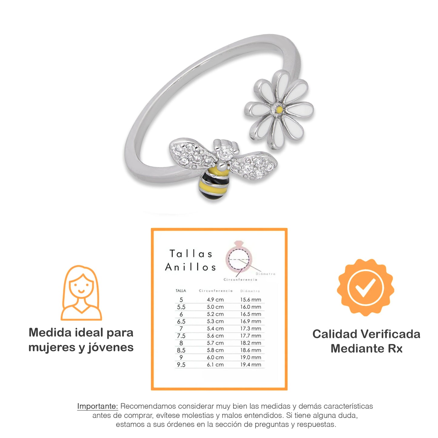 LPAD115 Anillo para Dama Mod Florecita y Abejita Esmaltado con Zirconias en Plata .925 Taxco Gro