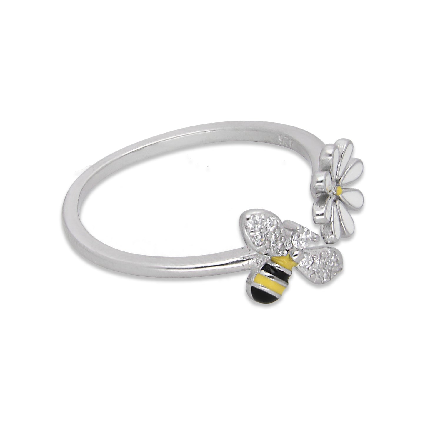 LPAD115 Anillo para Dama Mod Florecita y Abejita Esmaltado con Zirconias en Plata .925 Taxco Gro