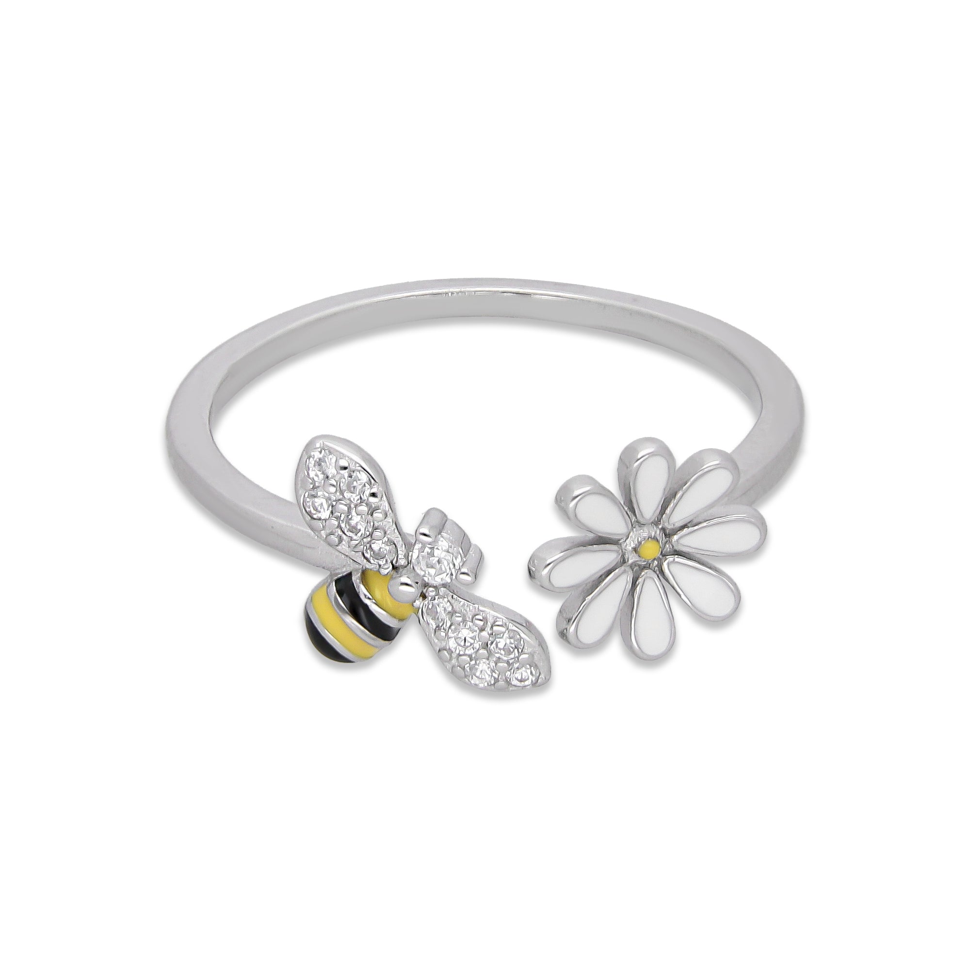 LPAD115 Anillo para Dama Mod Florecita y Abejita Esmaltado con Zirconias en Plata .925 Taxco Gro