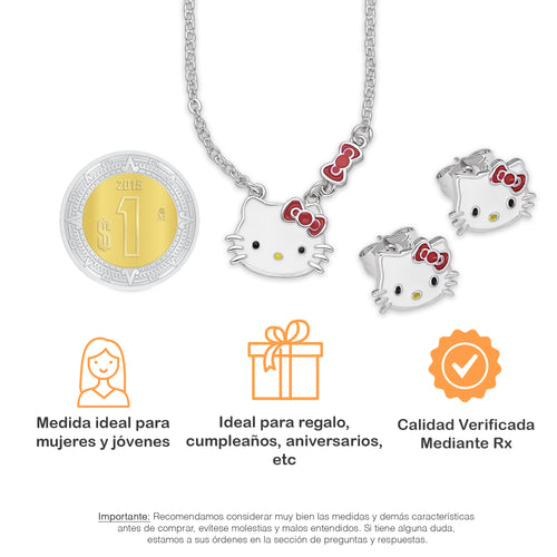 LPADAC001 Set Aretes y Gargantilla con Dije en Acero Inox Kitty Moño Rojo