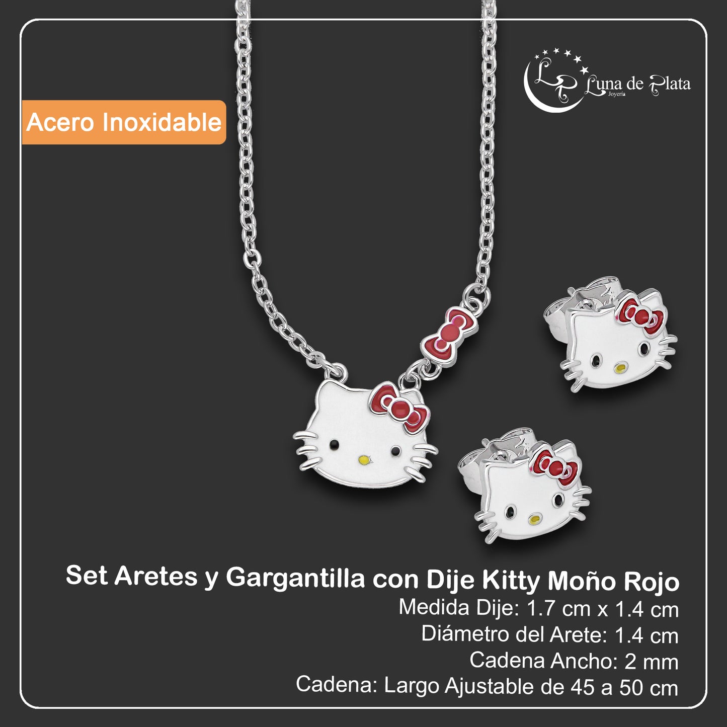 LPADAC001 Set Aretes y Gargantilla con Dije en Acero Inox Kitty Moño Rojo