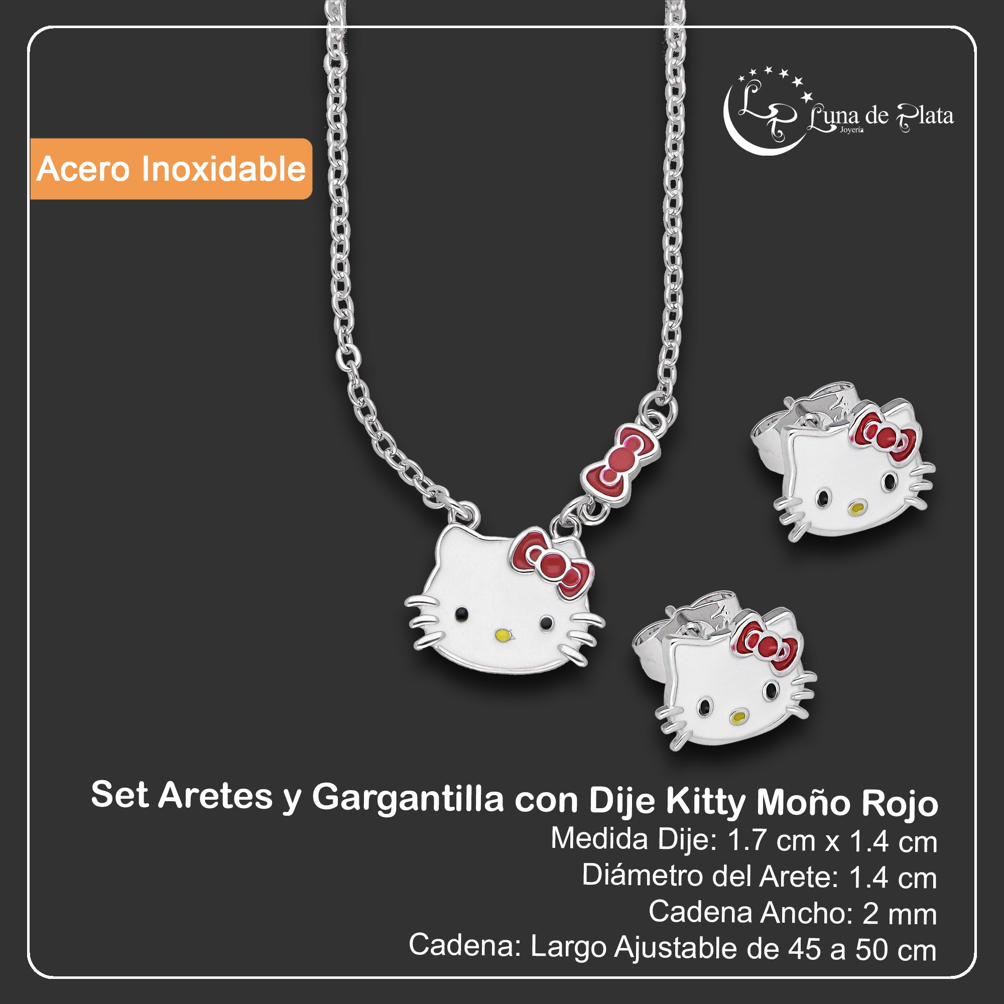 LPADAC001 Set Aretes y Gargantilla con Dije en Acero Inox Kitty Moño Rojo