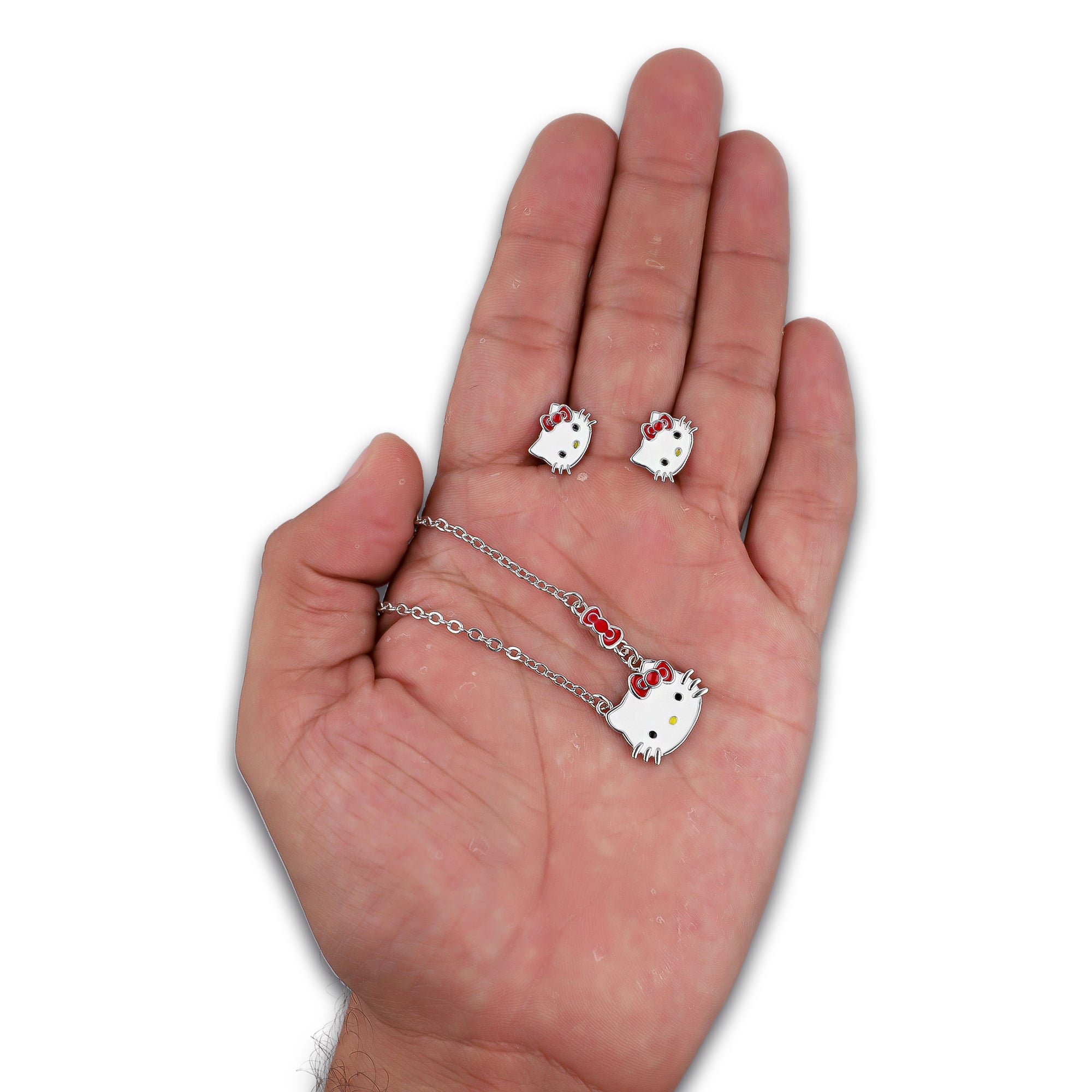 LPADAC001 Set Aretes y Gargantilla con Dije en Acero Inox Kitty Moño Rojo