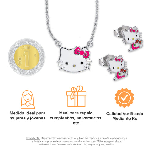 LPADAC002 Set Aretes y Gargantilla con Dije en Acero Inox Kitty Moño Rosa