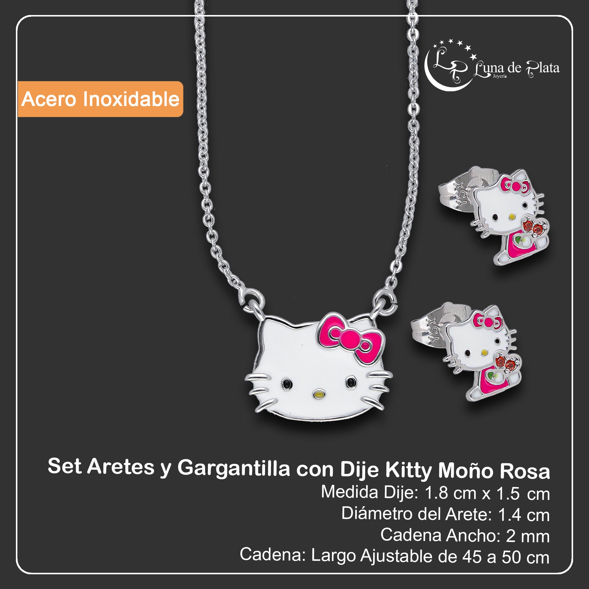 LPADAC002 Set Aretes y Gargantilla con Dije en Acero Inox Kitty Moño Rosa