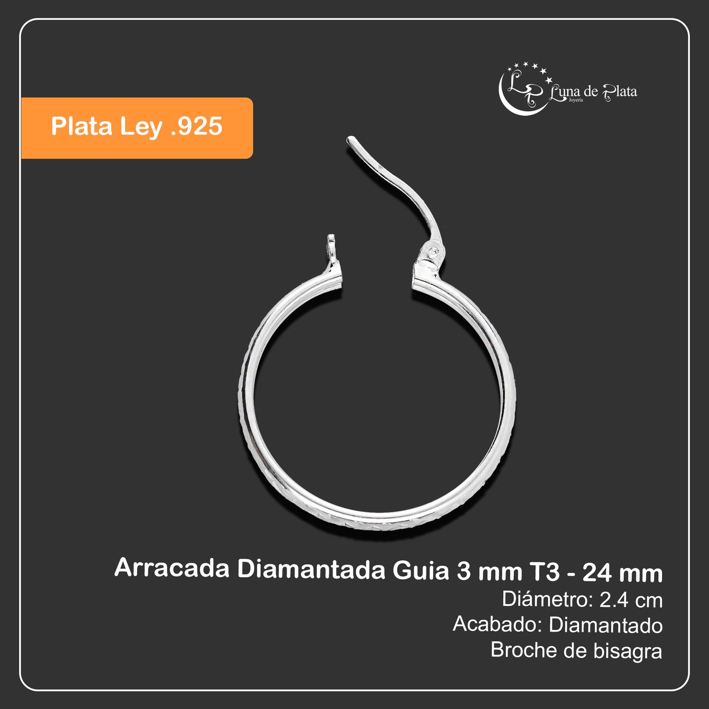 LPADI031 Arracada Diamantada Guia 3 mm T3 - 24 mm Plata .925 2910344450