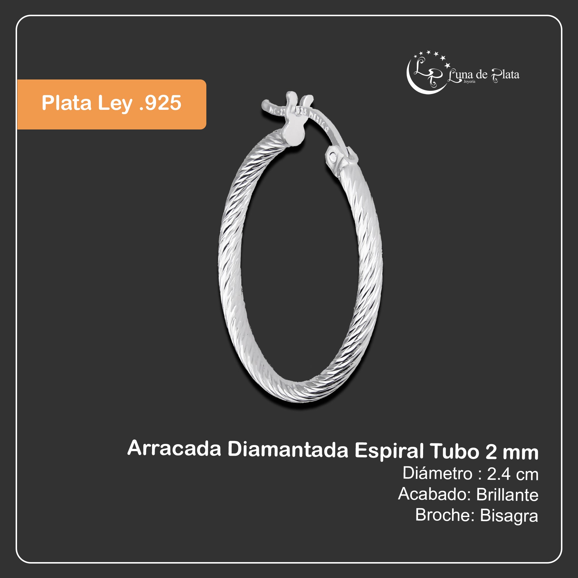 LPADI043 Arracada Diamantada Espiral 2.4 cm Tubo 2 mm en Plata .925 5576420876