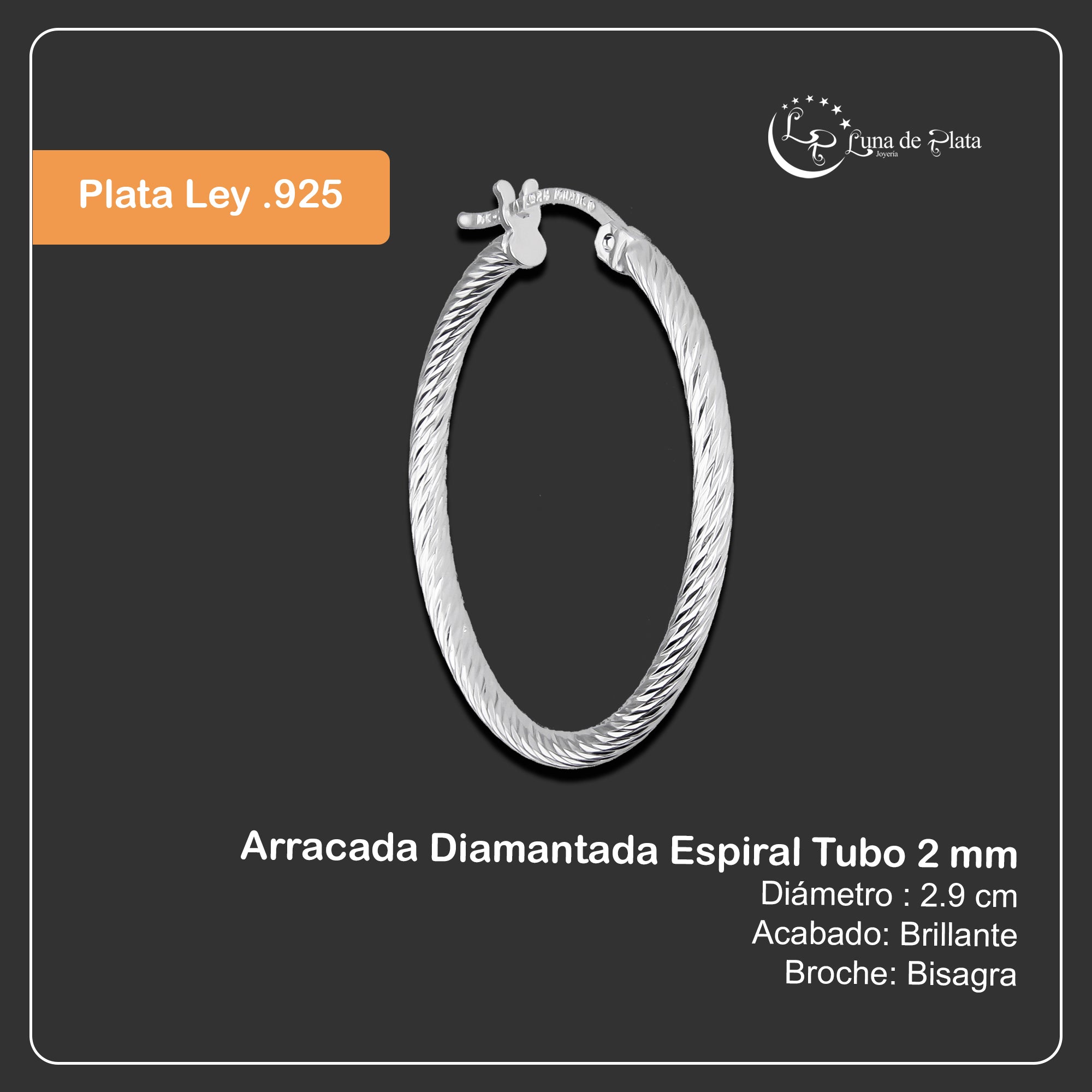 LPADI044 Arracada Diamantada Espiral 2.9 cm Tubo 2 mm en Plata .925 5576383606
