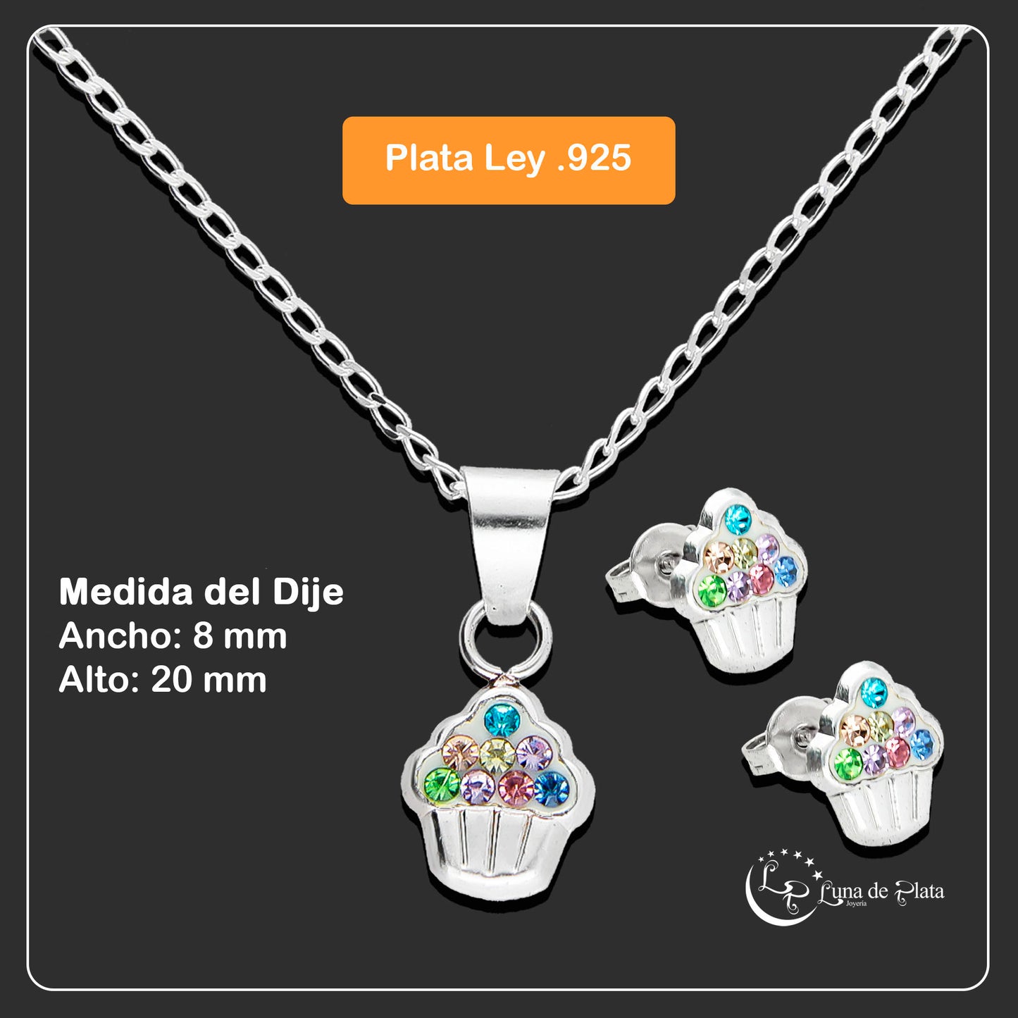 LPADJ019 Set Aretes + Dije + Cadena Cup Cake Multi en Plata Ley .925 2778787718